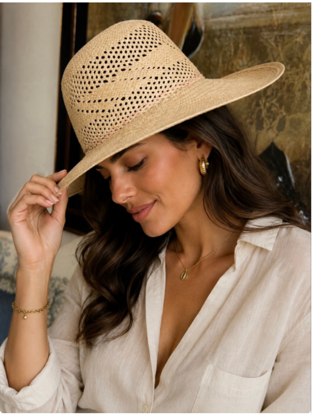 NWOT Ecuador Hats Panama Hat in Beige with Pink Accent, 58